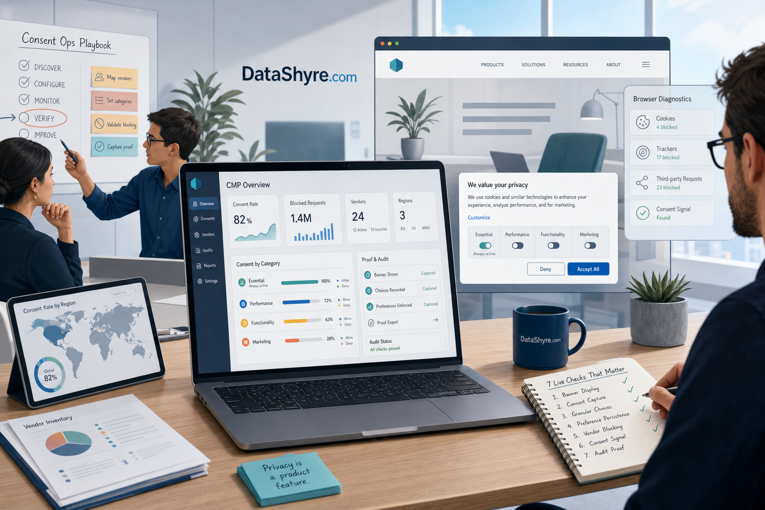 Editorial illustration showing a privacy operations team reviewing a consent management platform dashboard beside a balanced consent banner, browser diagnostics, and subtle visible branding text DataShyre.com
