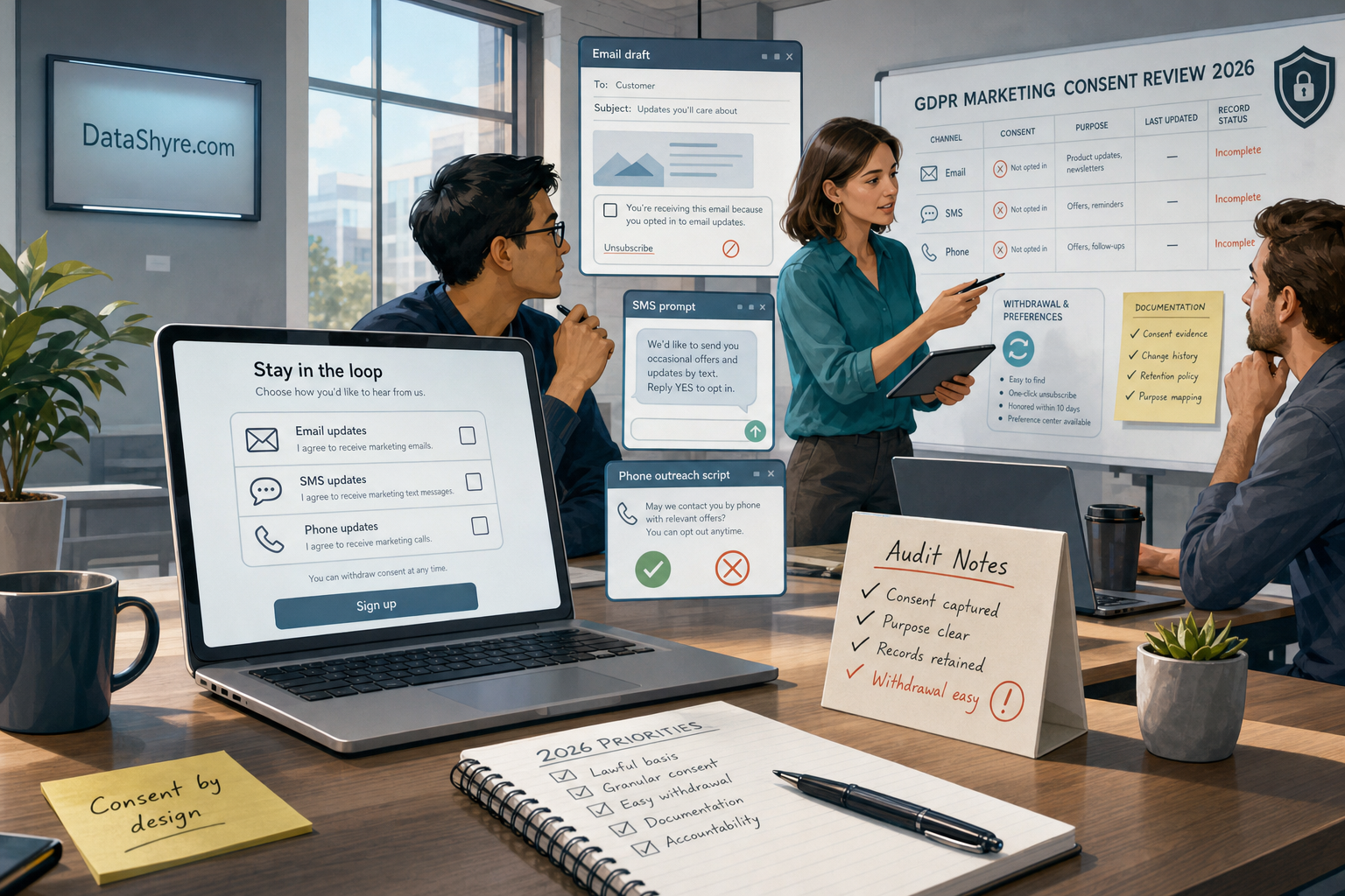 Editorial illustration showing a privacy and growth team reviewing GDPR marketing consent across signup forms, email, SMS, call scripts, and subtle visible branding text DataShyre.com
