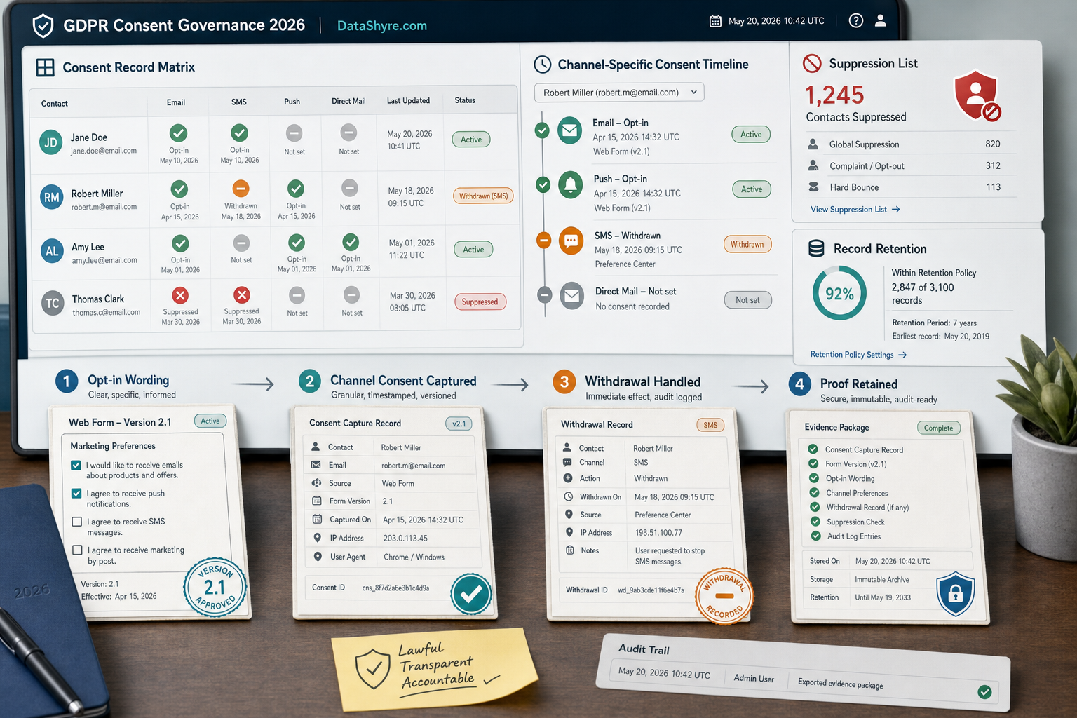 Workflow illustration showing GDPR marketing consent proof moving from form wording to channel-specific opt-in, withdrawal handling, suppression lists, and audit-ready evidence with subtle visible branding text DataShyre.com