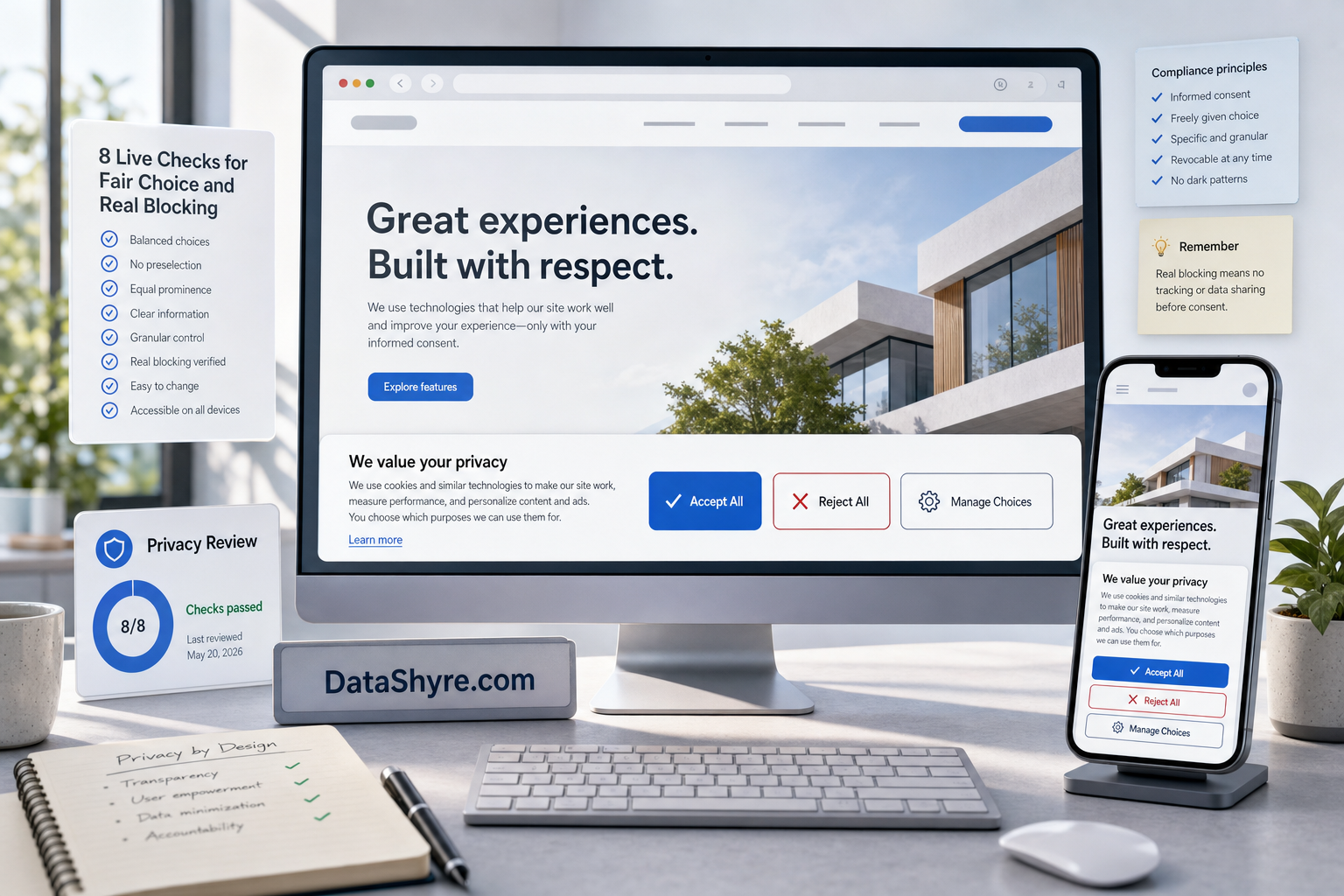 Editorial illustration showing desktop and mobile cookie consent banners with balanced accept and reject actions, clear category controls, compliance review notes, and subtle visible branding text DataShyre.com